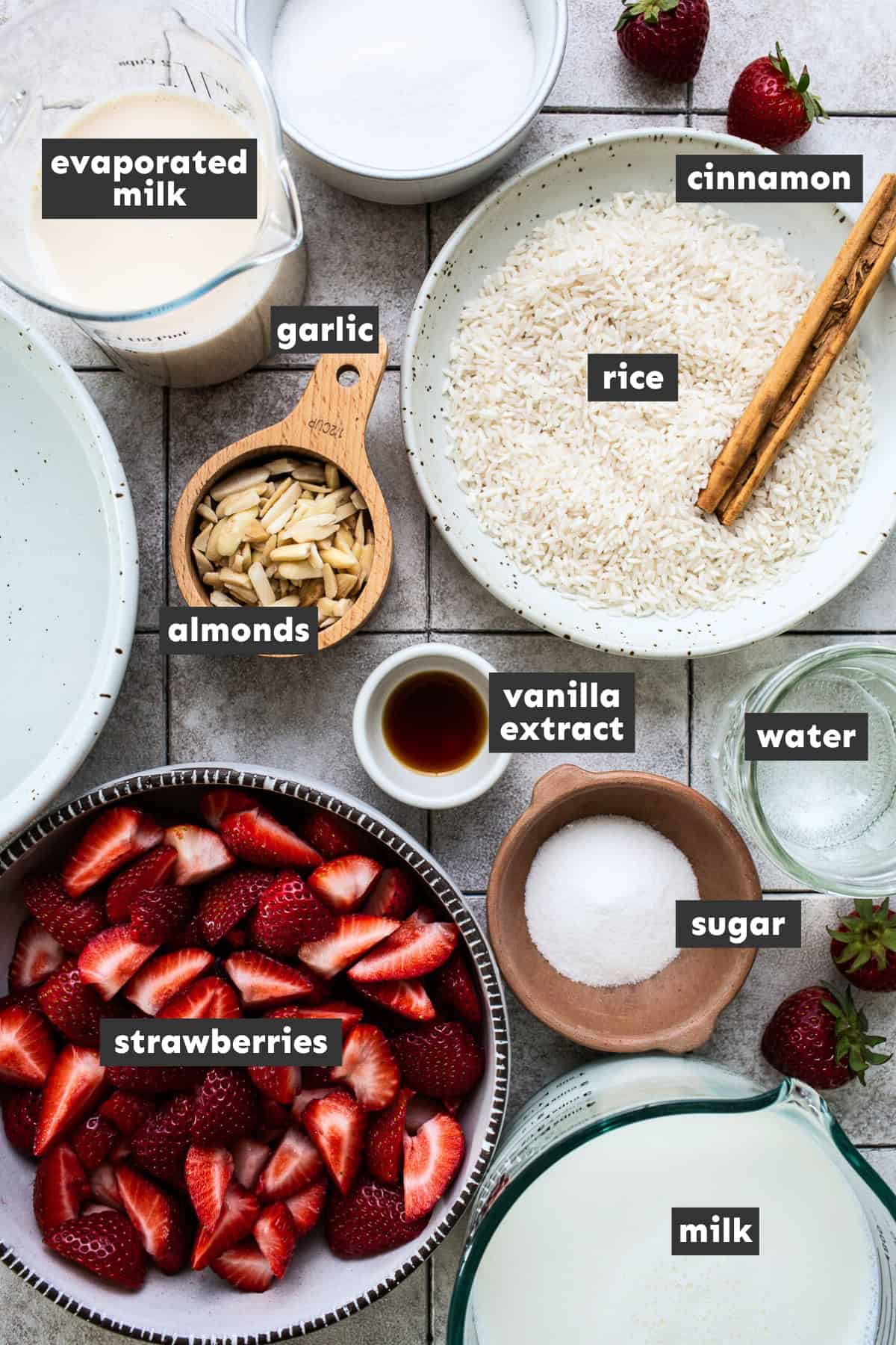 Strawberry horchata ingredients separated and ready to use