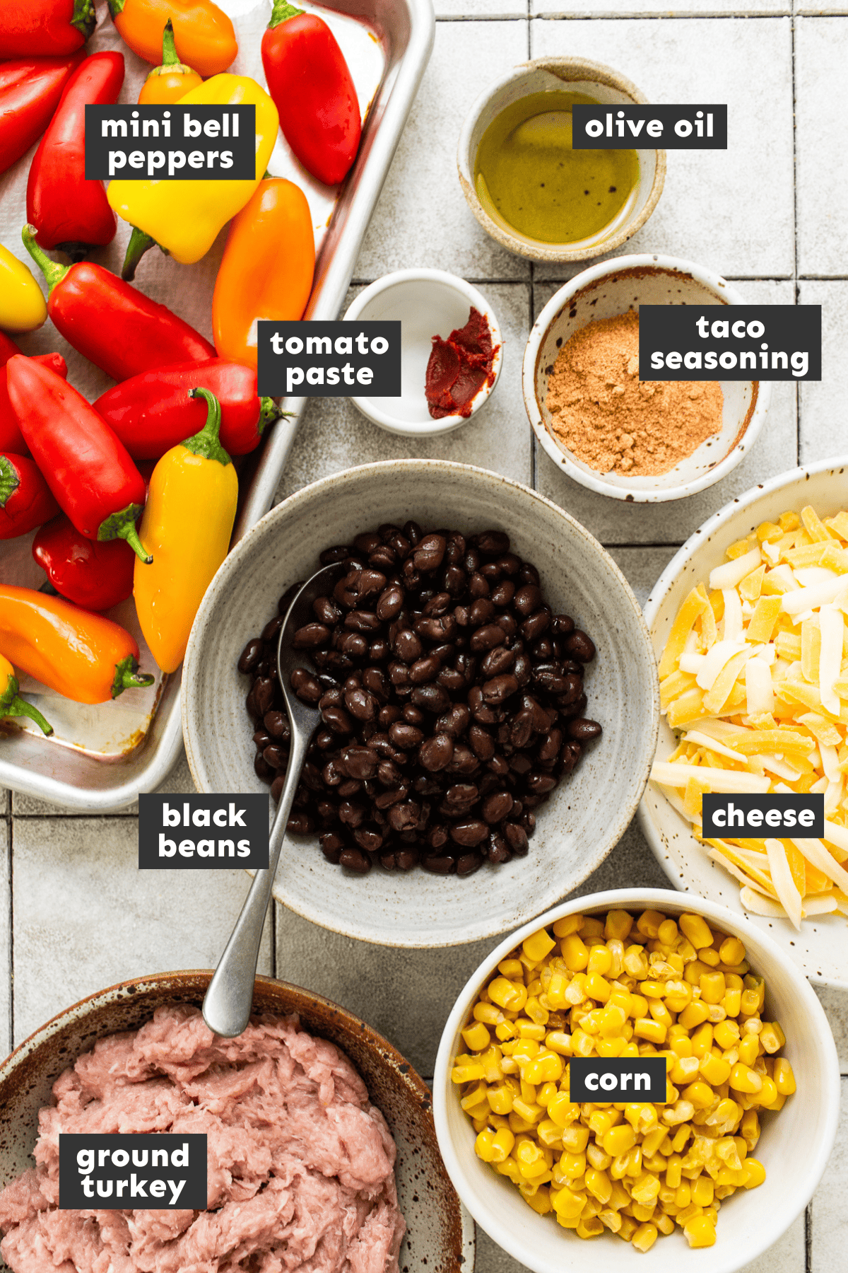 Bell pepper nachos ingredients on a table prepped and ready to use.