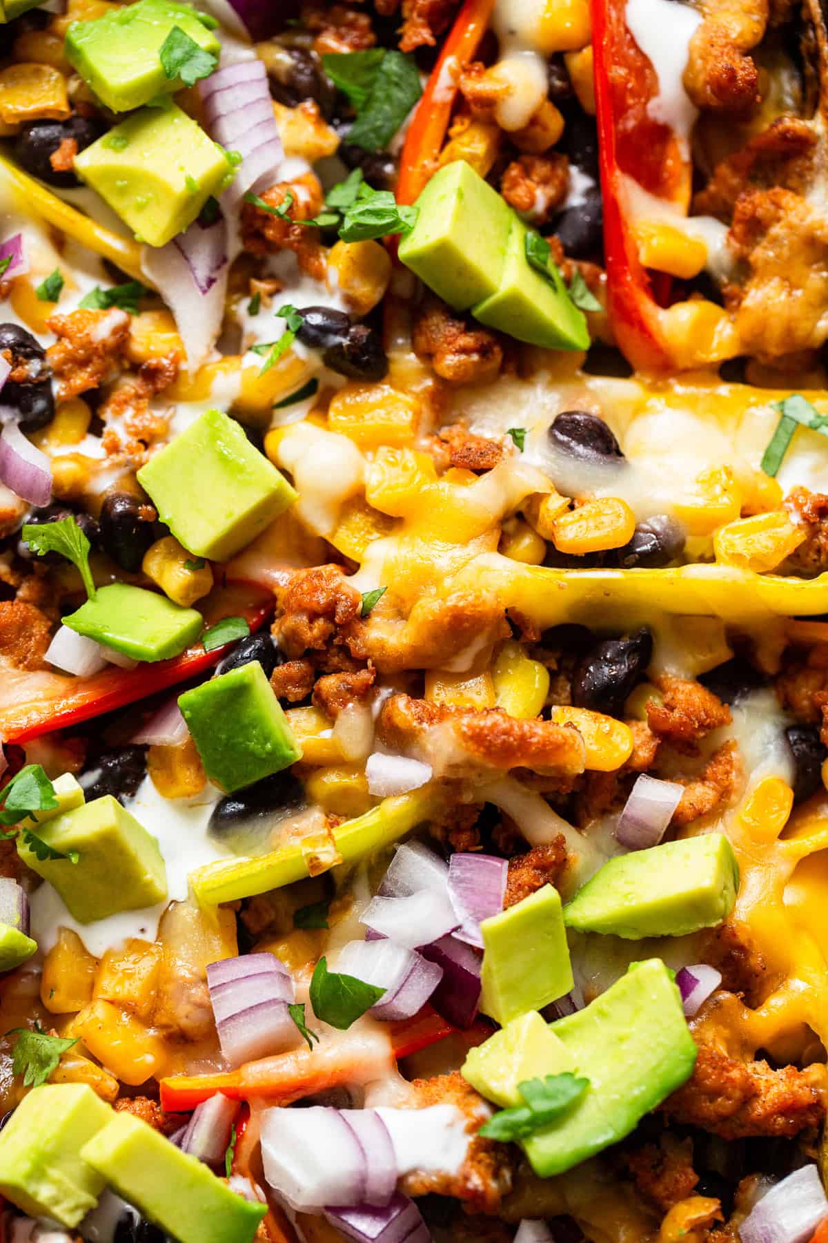 A close up image of bell pepper nachos.