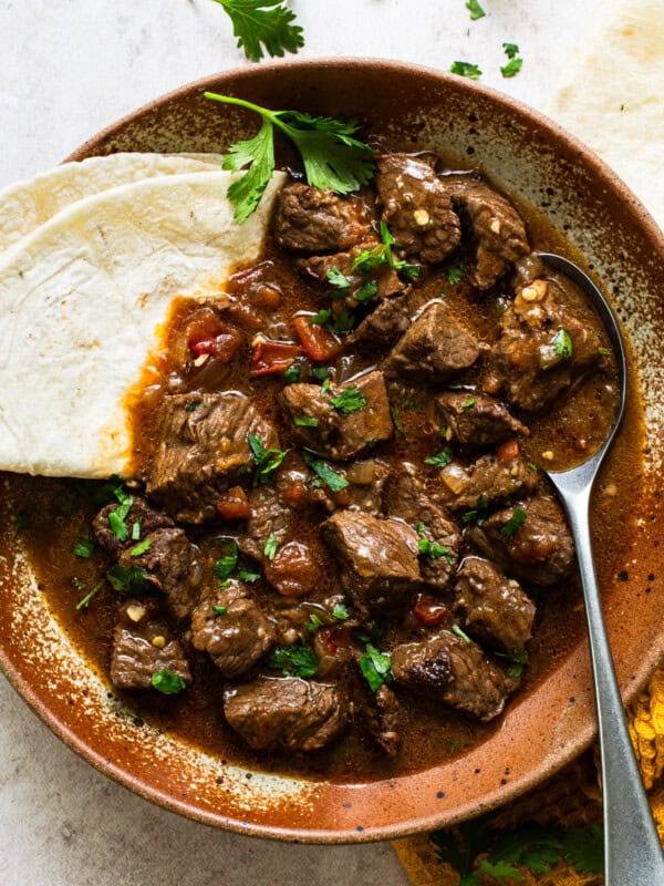 Carne guisada in a bowl with a flour tortilla.