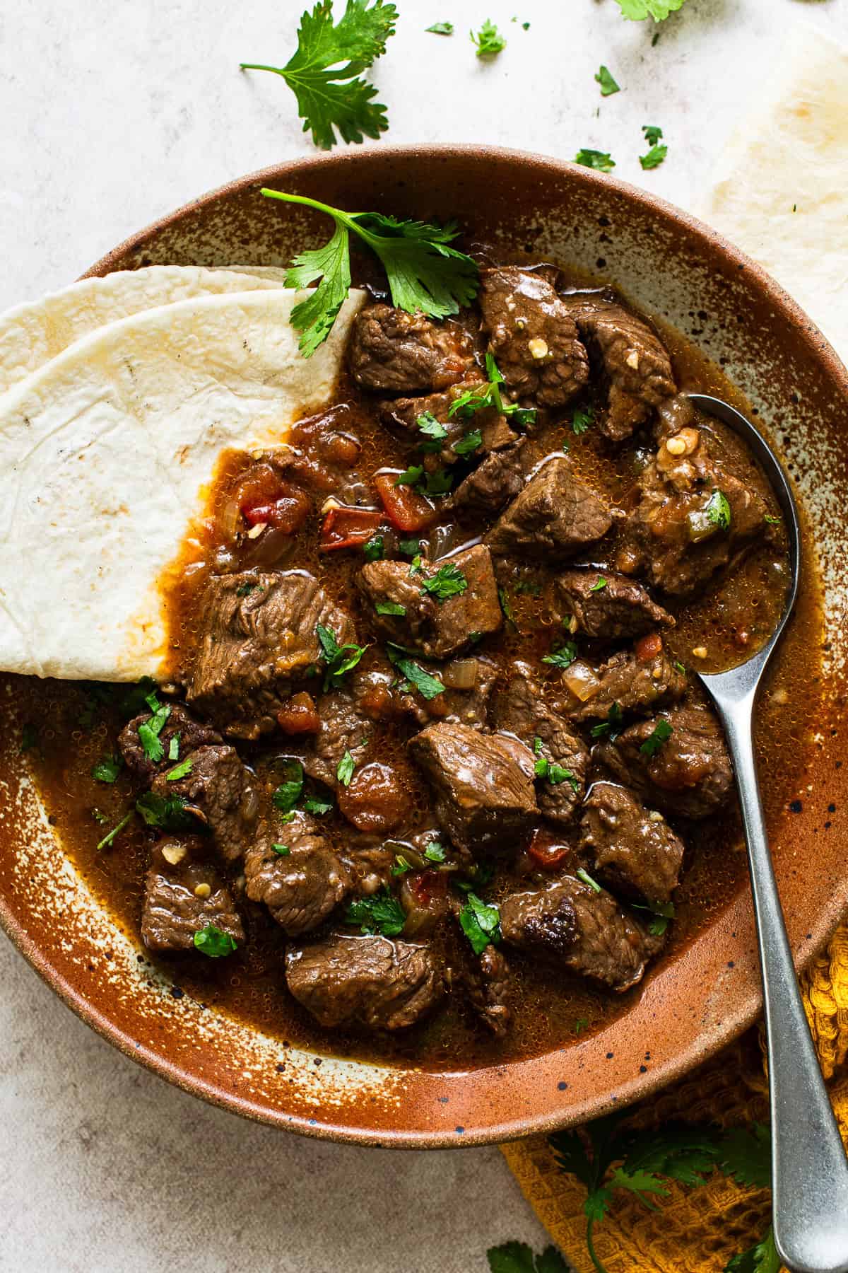 Carne guisada served in a bowl with a flour tortilla