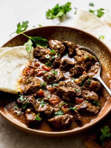 a bowl of carne guisada with garnish and a flour tortilla, ready to eat.