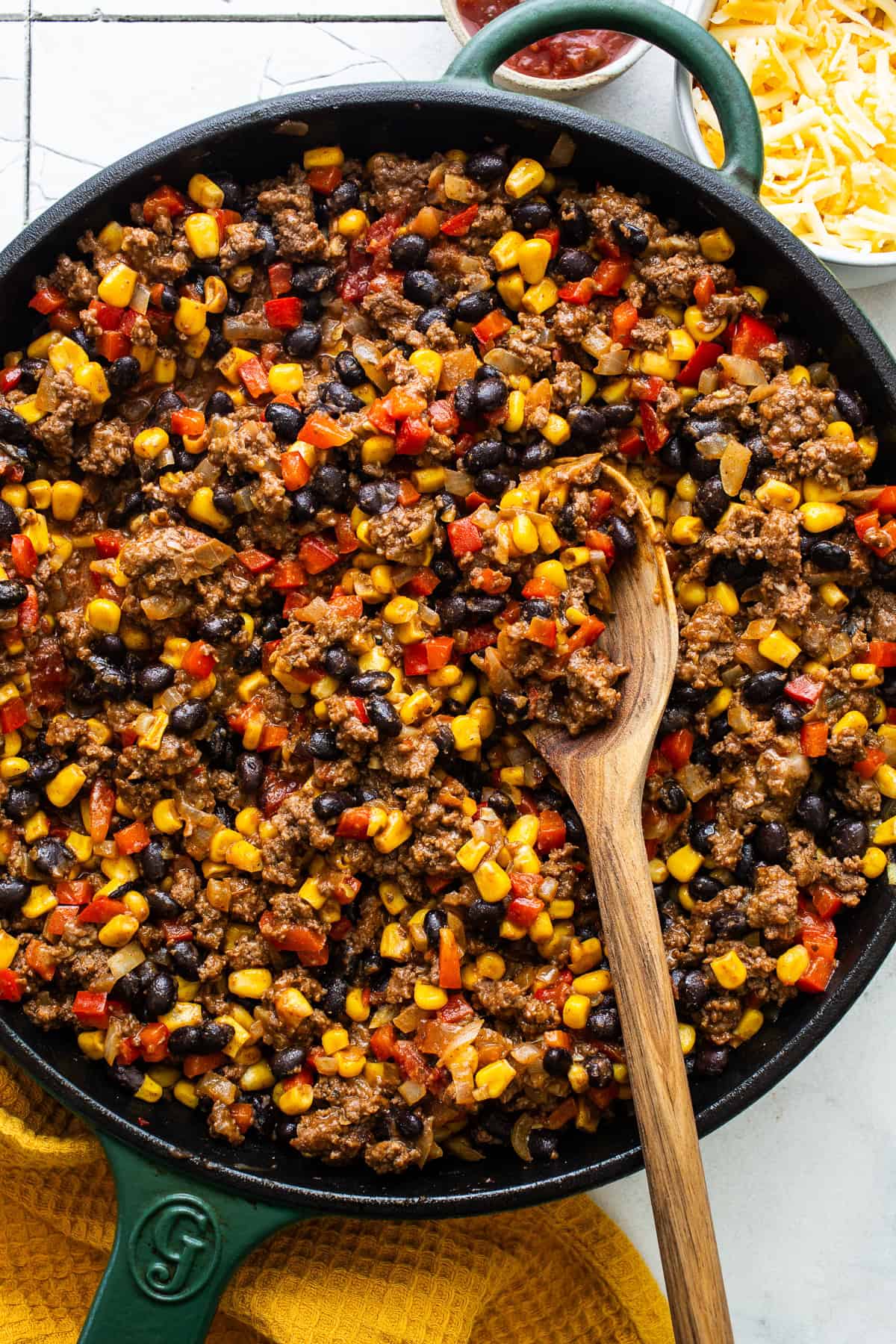 Skillet filled with all vegetables and meat to cook together.