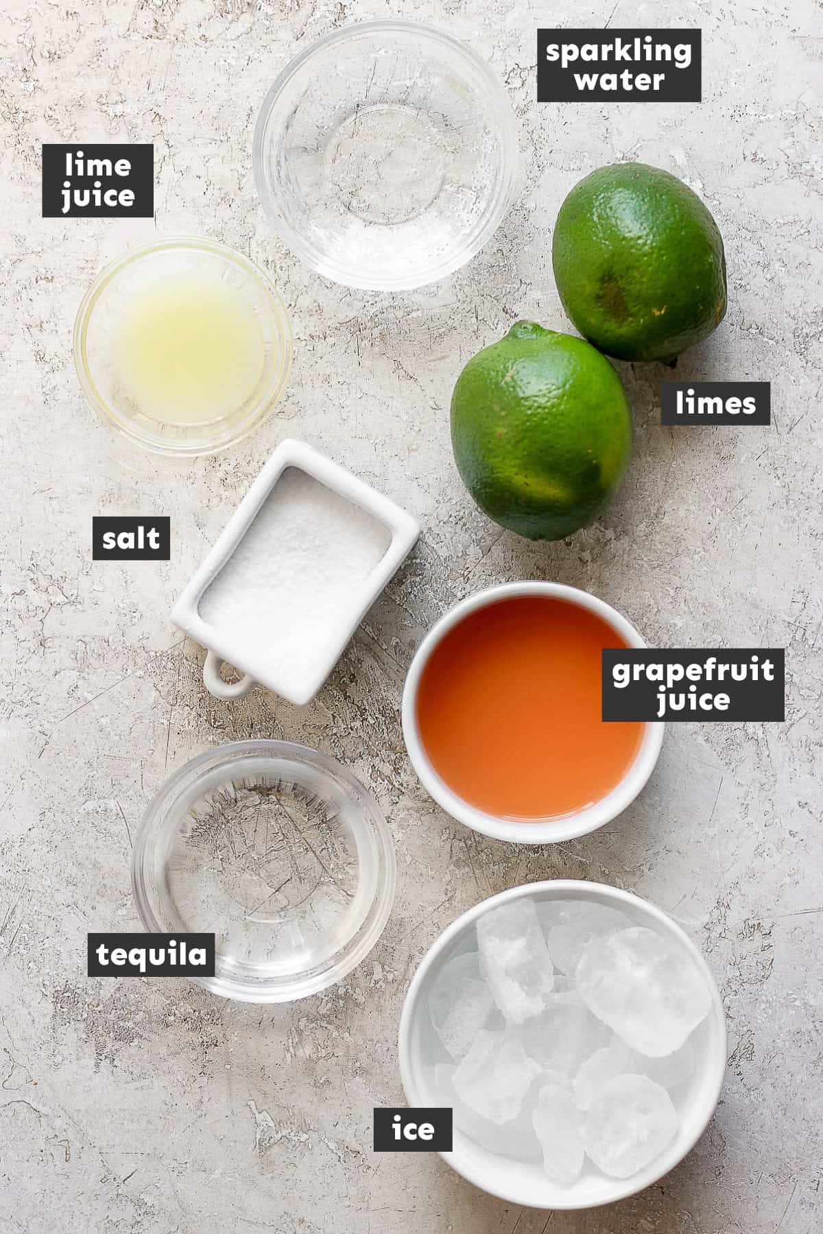 Paloma ingredients measured and separated into small bowls