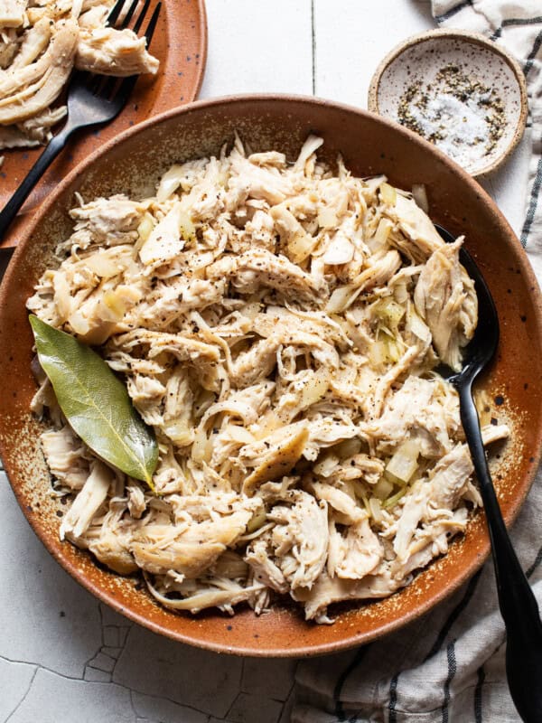 Shredded chicken in a bowl ready to be used in recipes.