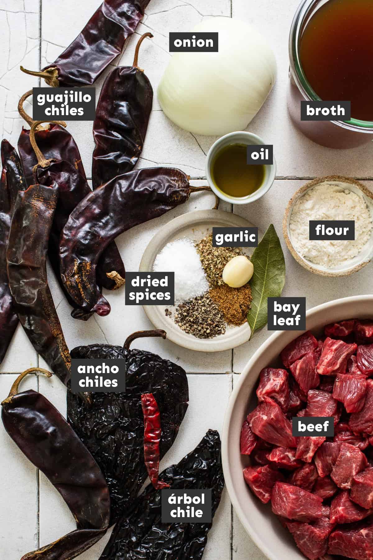 Ingredients for chile colorado on a table prepped and ready to cook with.