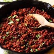 Mexican chorizo recipe in a skillet ready to eat.