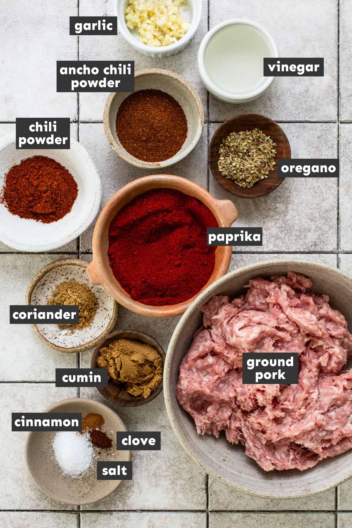 Ingredients for chorizo on a table.