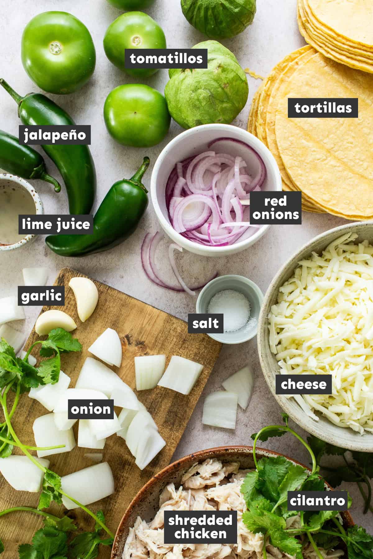 Ingredients for enchiladas verdes on a table ready to use. 