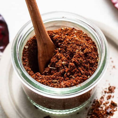 Homemade chili powder from scratch in a jar ready to be used in recipes.