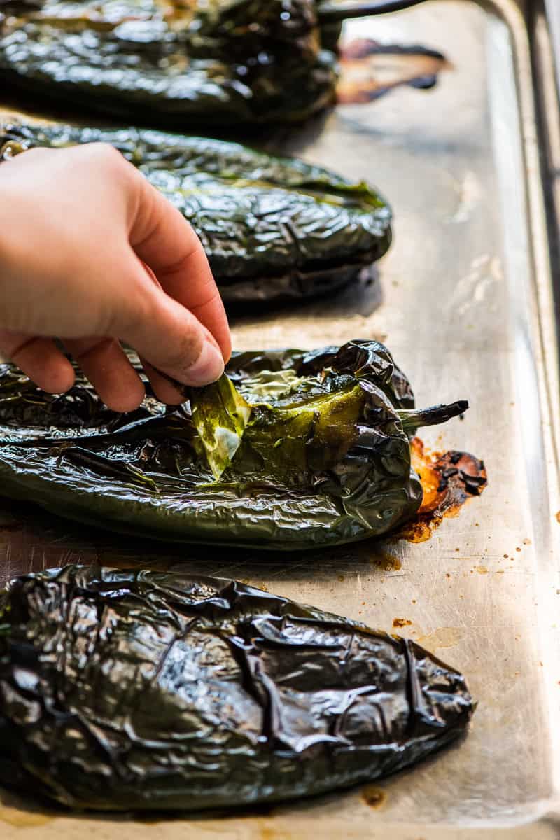 Roasted poblano peppers on a  baking sheet being peeled.