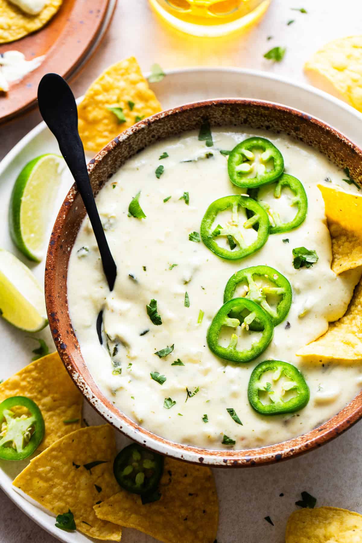 Salsa Verde Queso dip in a bowl served with tortilla chips.