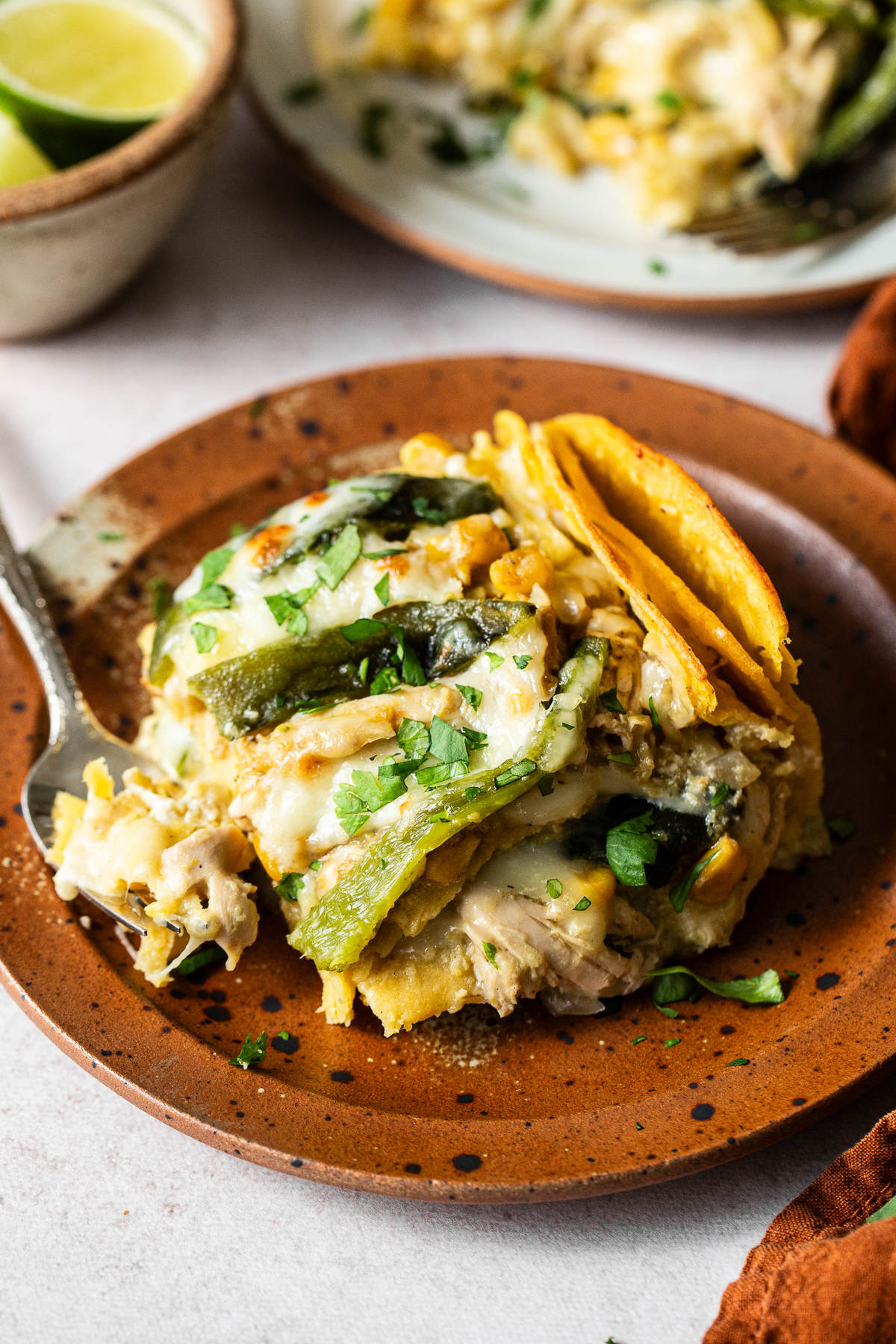 A slice of freshly made pastel Azteca served onto a plate garnished with chopped cilantro.