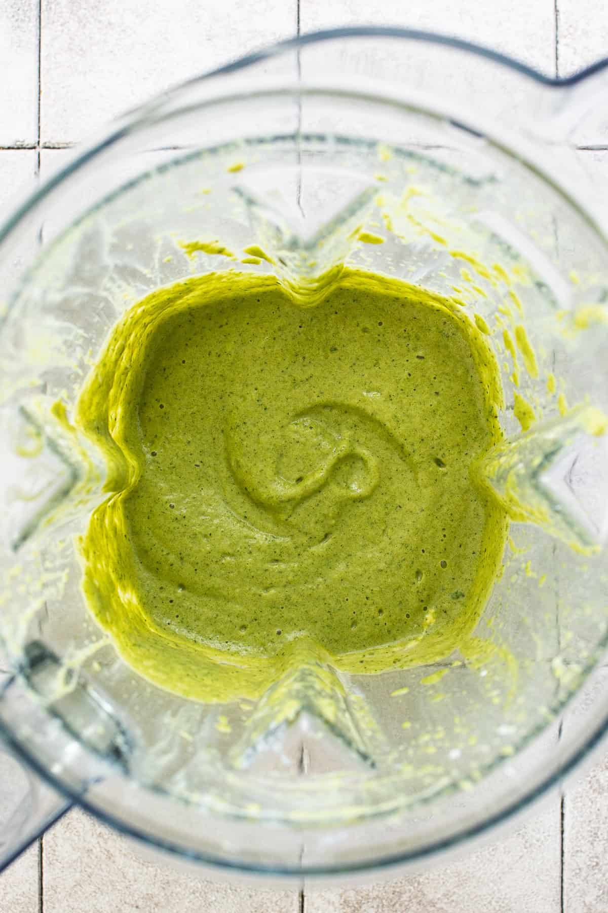 Blender filled with blended poblano cream sauce ready to enjoy. 