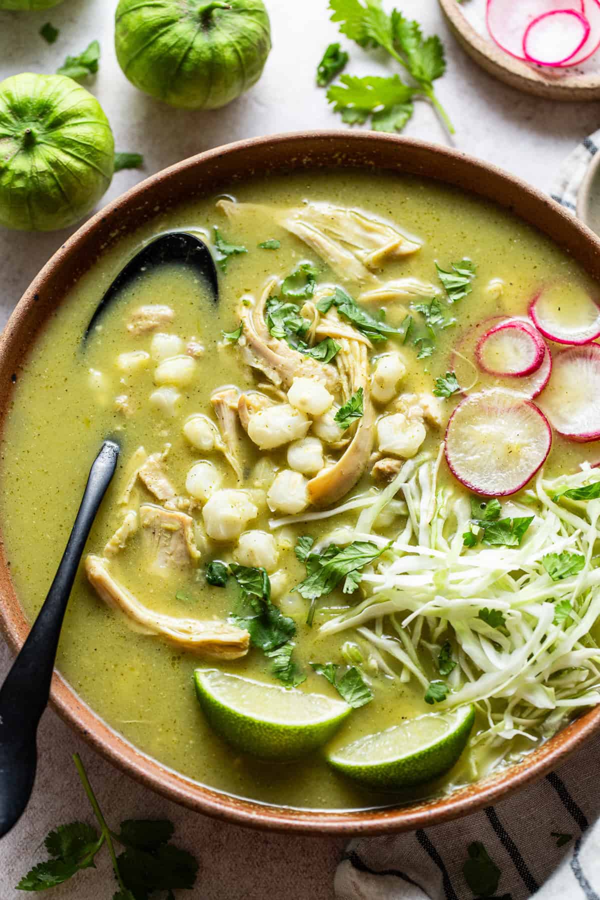 Dinner bowl filled with warm pozole verde ready to enjoy.