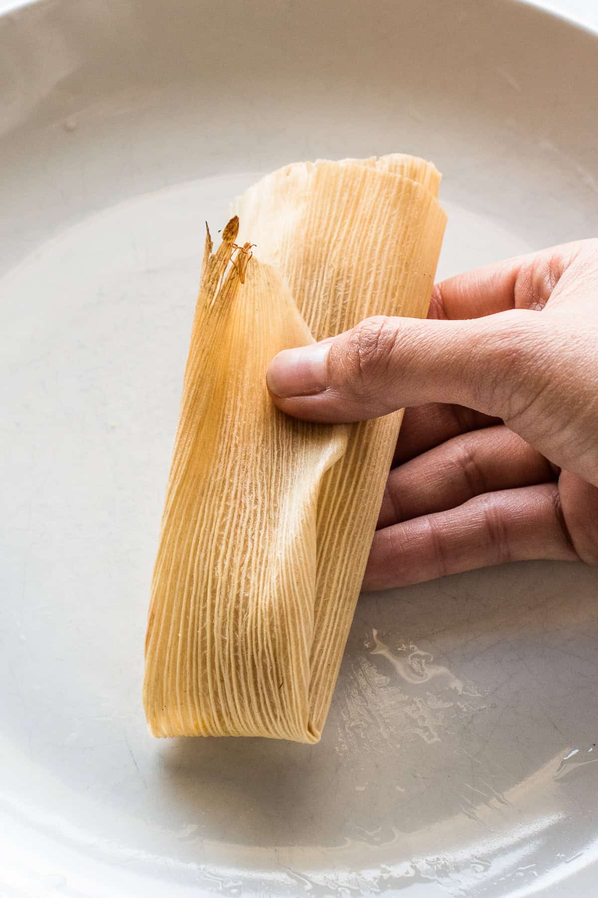 A folded corn husk on a plate for chocolate tamales.