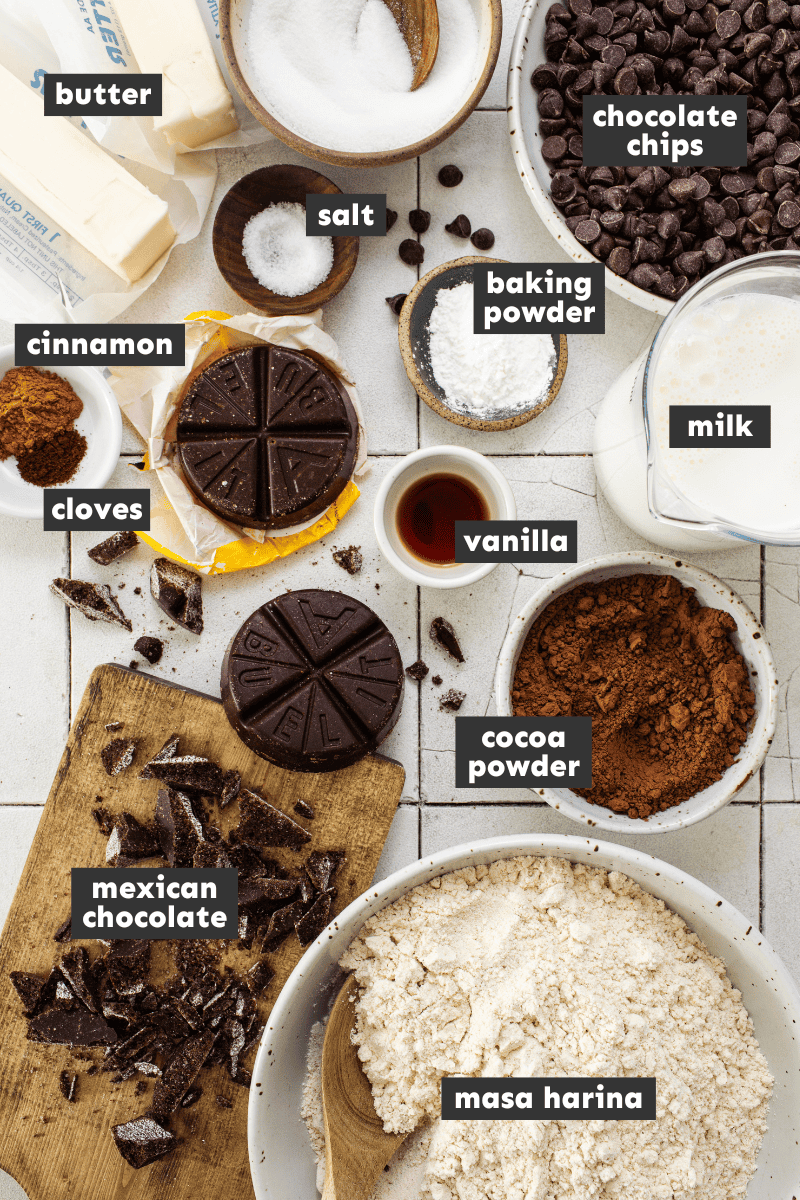 Ingredients for chocolate tamales on a table.