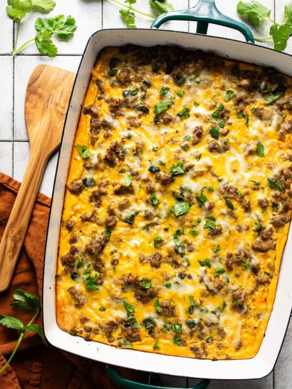 A crescent roll breakfast casserole in a baking dish ready to be served.