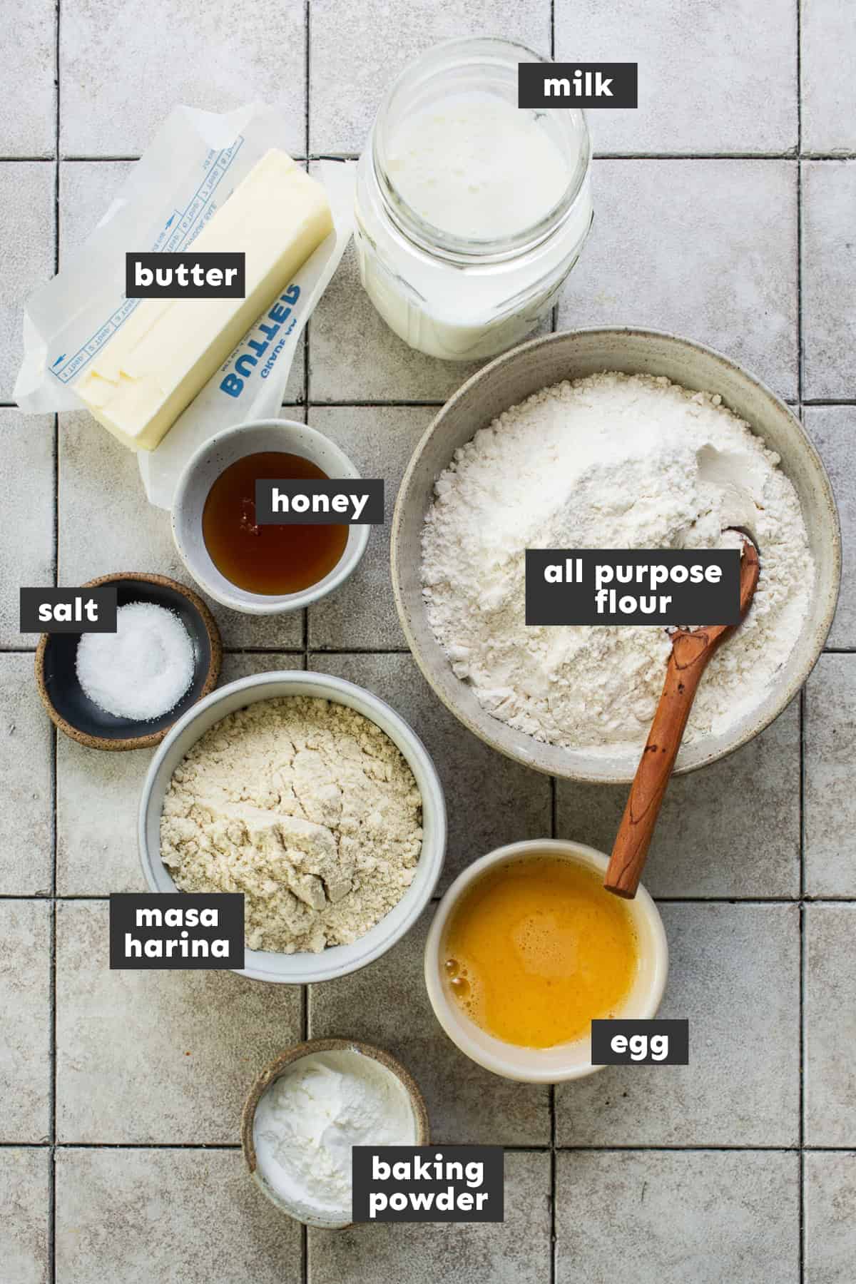 Ingredients in masa harina biscuits on a table.