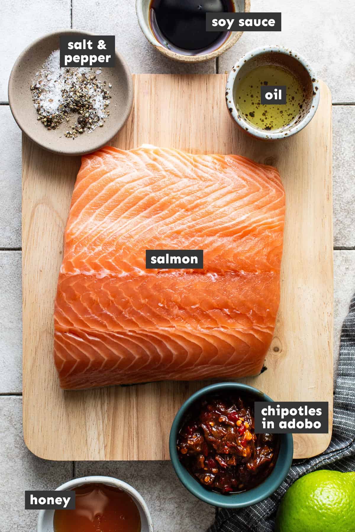 Ingredients for air fryer salmon bites on a table ready to be used.