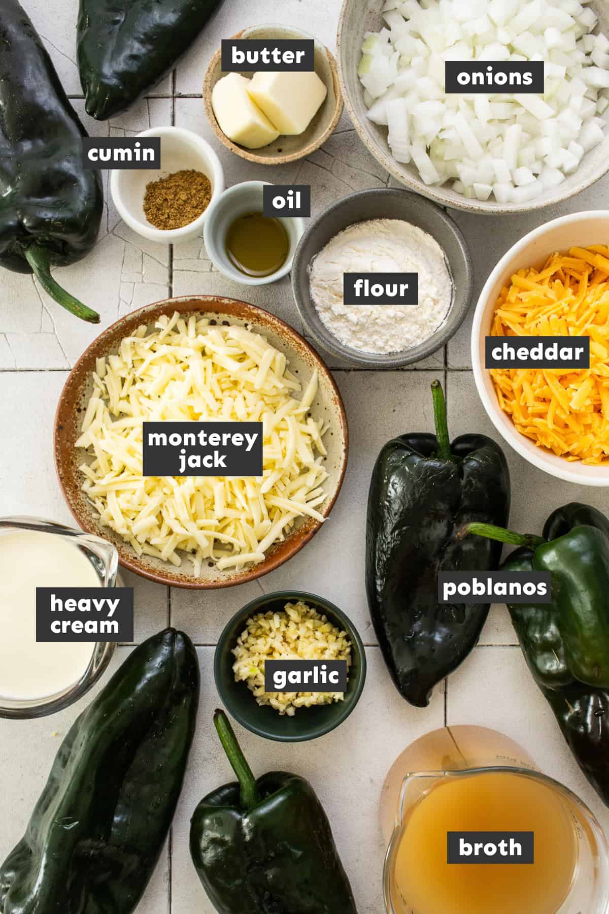 Ingredients for chile relleno soup on a table ready to be used.