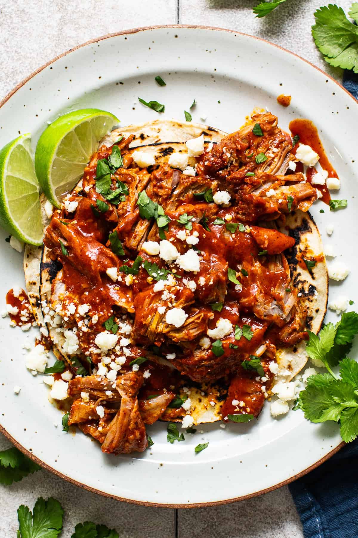 Cochinita pibil shredded and served as tacos on corn tortillas with cilantro and queso fresco.