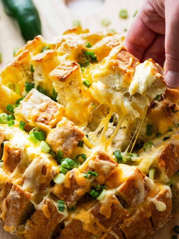 Jalapeno popper pull apart bread cut and ready to eat.