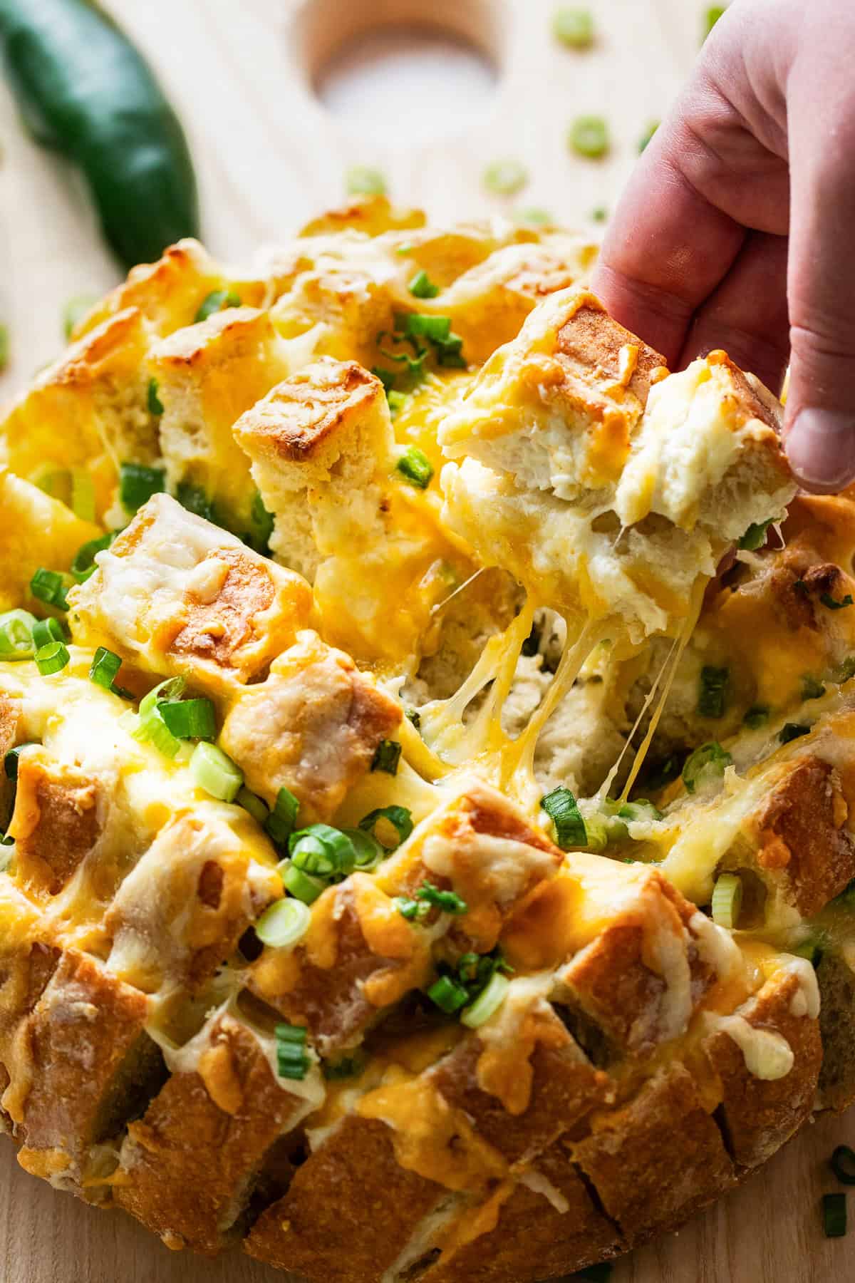 Jalapeno popper pull apart bread cut and ready to eat.