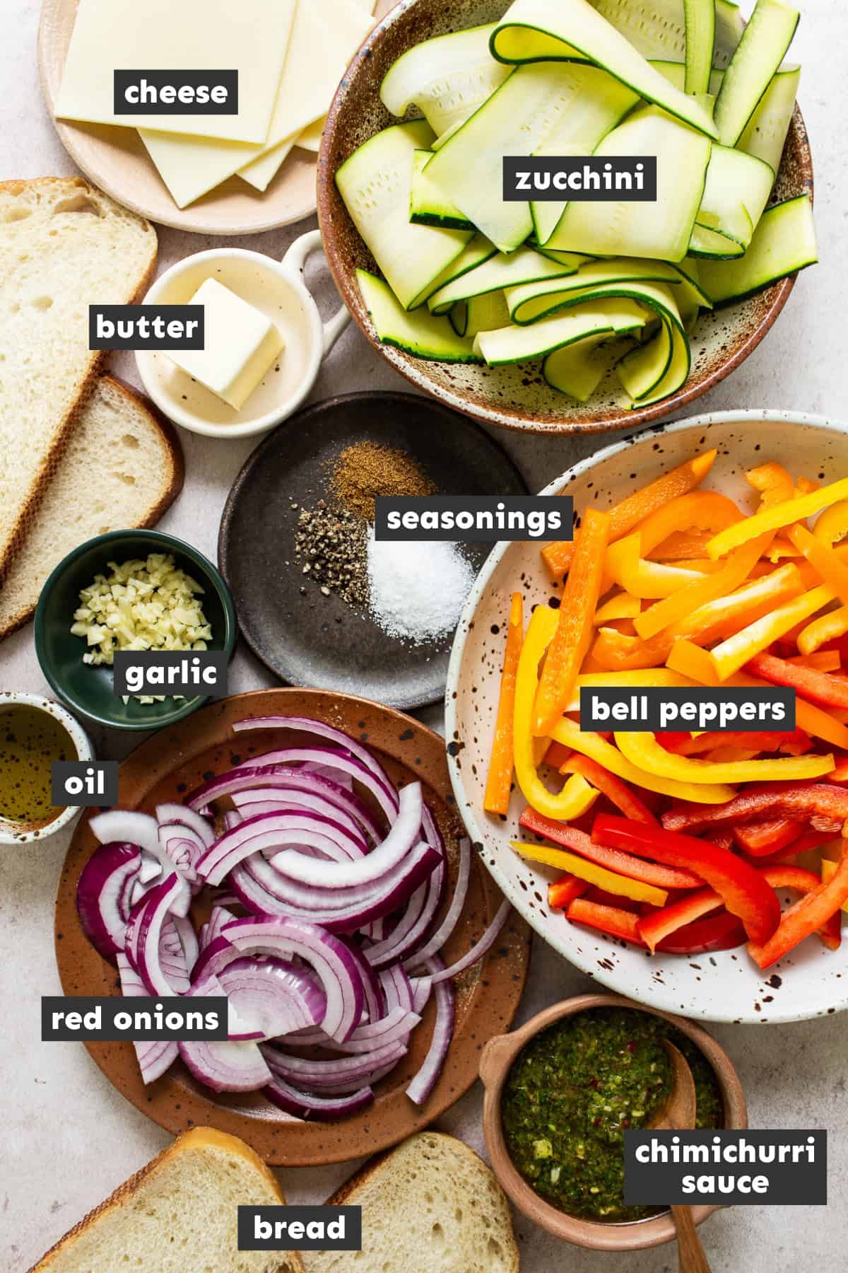 Ingredients for fajita grilled cheese on a table ready to be used.