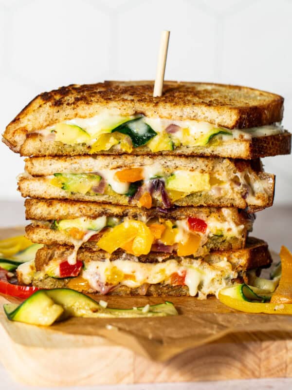 Fajita grilled cheese cut in half and stacked on top of one another.