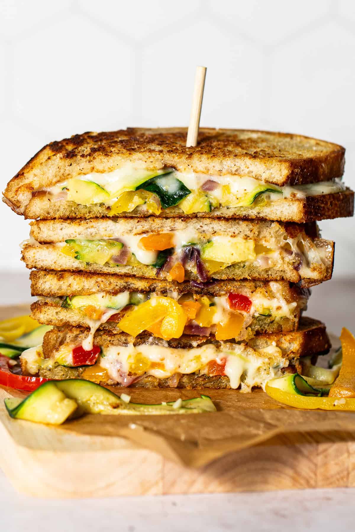 Fajita grilled cheese cut in half and stacked on top of one another.