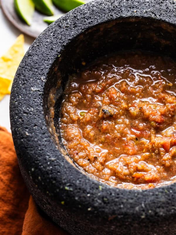 Authentic Mexican molcajete salsa ready to be eaten.